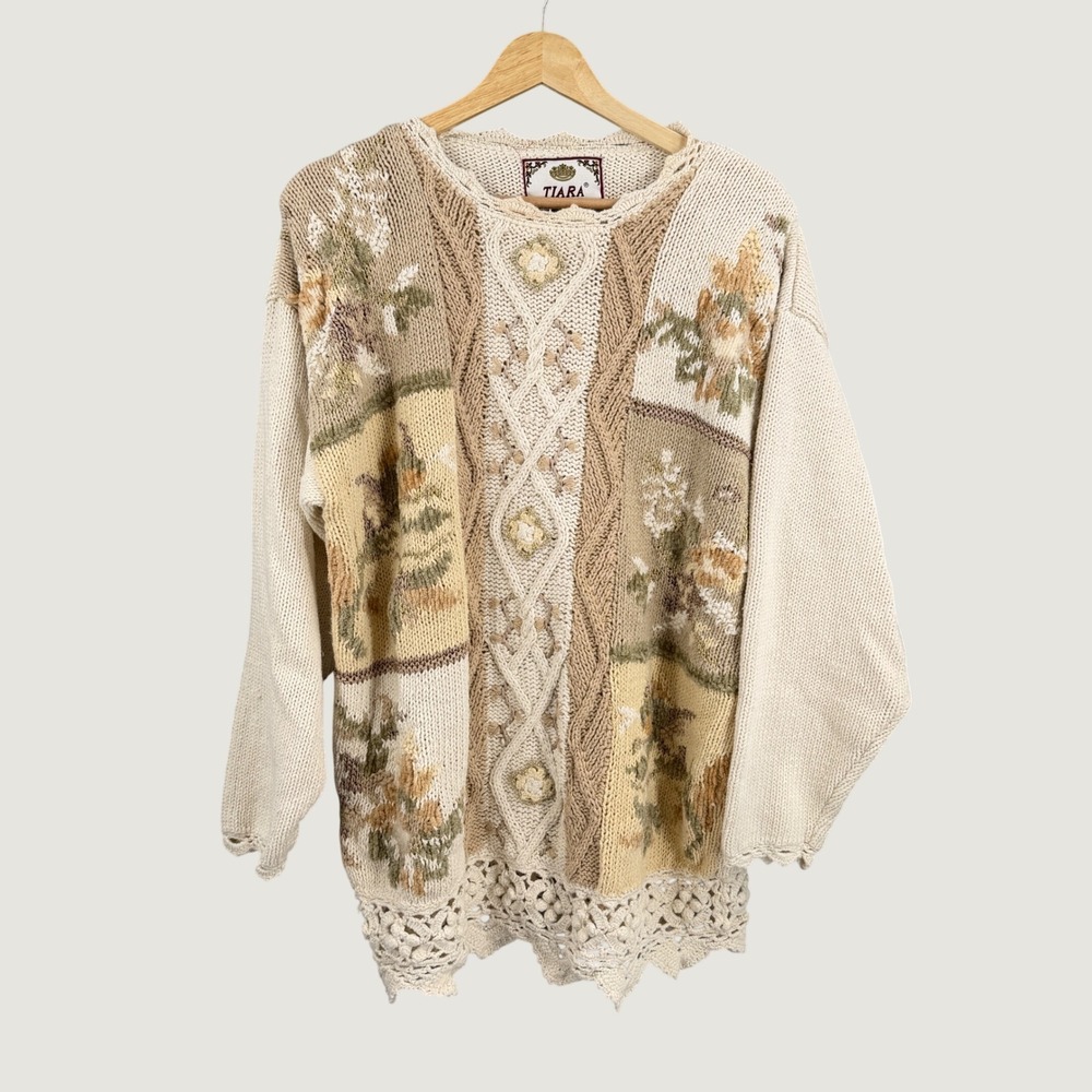 Vintage Tiara Floral Ramie Crochet‎ Lace Sweater Womens Large Cottagecore 90s